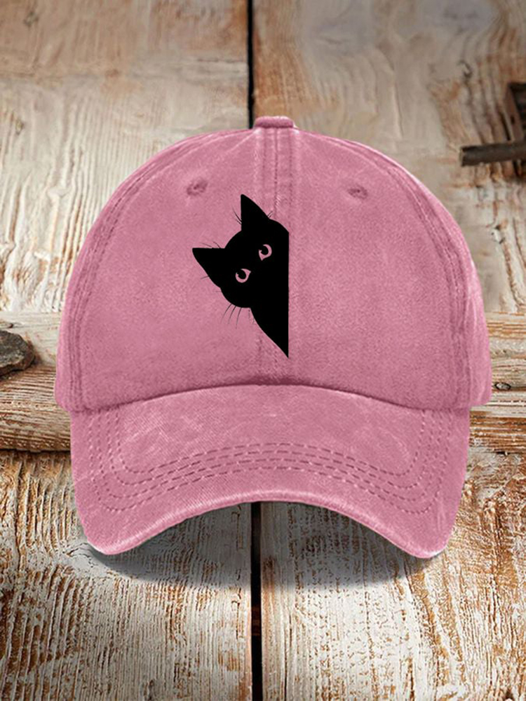Japanese Art Black Cat Print Washed Sun Hat - Coffee
