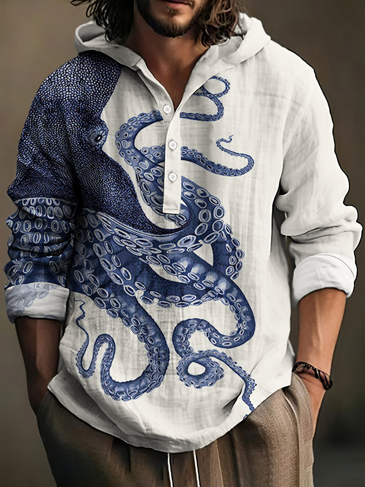 Japanese Art Octopus Graphic Printed Linen Blend Hoodie - Beige
