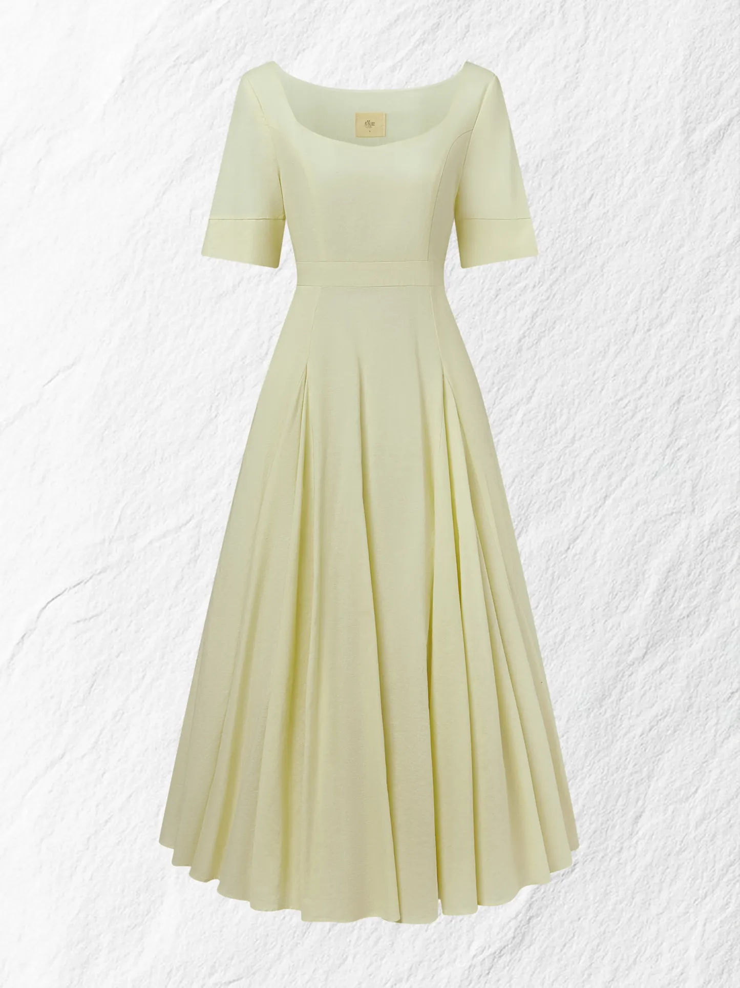 Maxi Linen Dress , Short Sleeves, Square Neck, Plain, Vacation, French Vintage, Light Yellow - Light Yellow