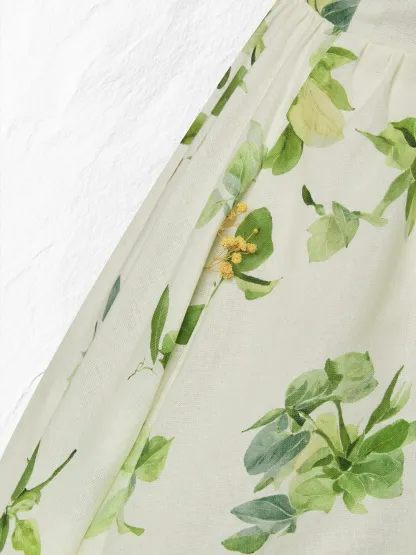 Linen Maxi Dress, Short Sleeve, V neck, Floral, Vintage, Green - Green