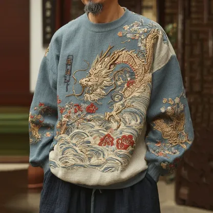 Men's Japanese Dragon And Wave Art Print Sweatshirt - Blue