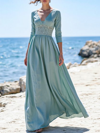 Maxi Linen Dress, Half Sleeve, V Neck, Plain, Lace, Vintage, Cyan - Cyan