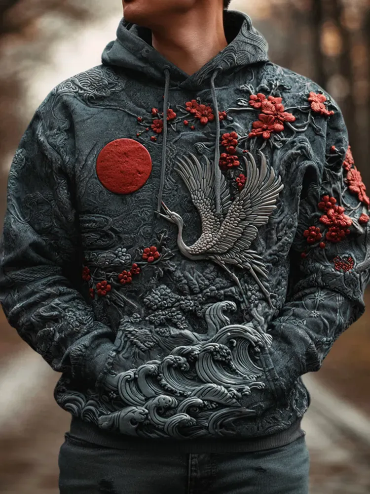 Japanese Flower & Crane 3d Art Men's Hooded Sweatshirt - Grey blue