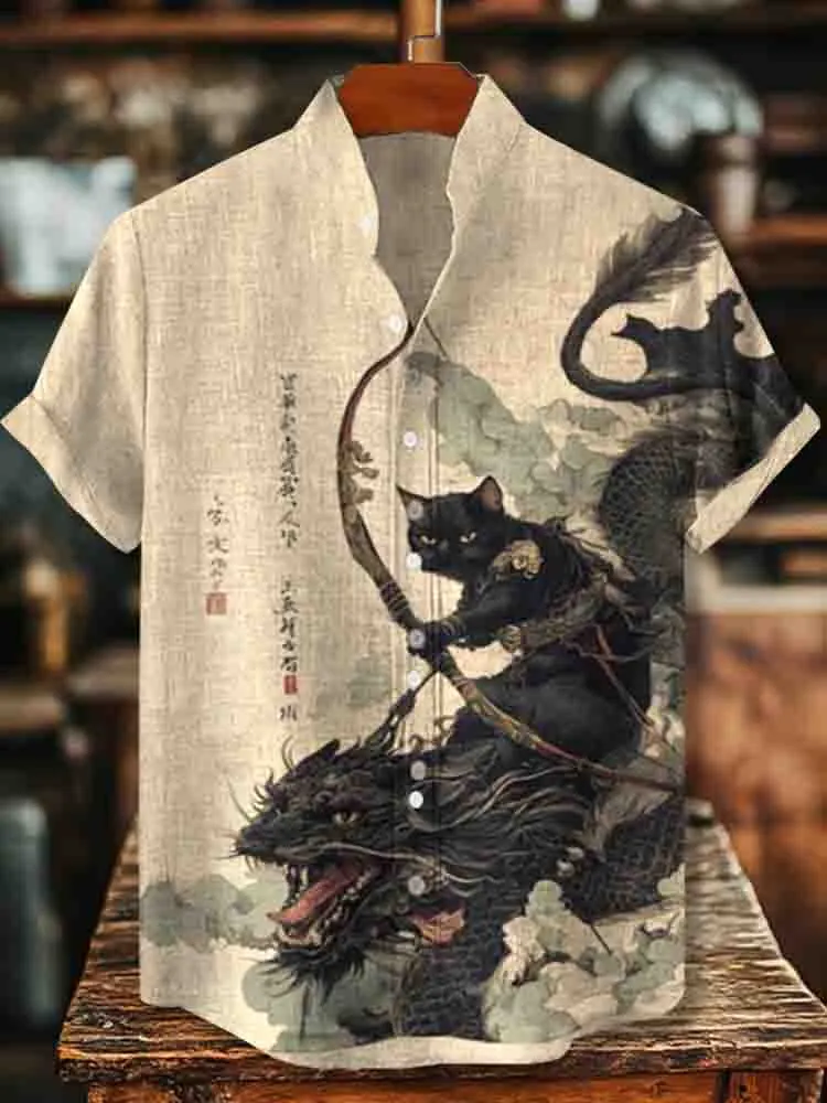 Vintage Black Cat Samurai Riding A Dragon Art Print Casual Cotton Shirt - Beige