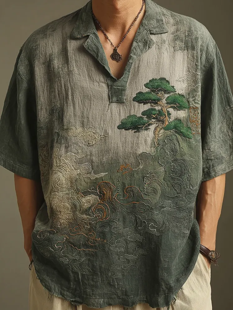 Men's Retro Landscape Embroidery Casual Lapel Short Sleeve Shirt - Grey