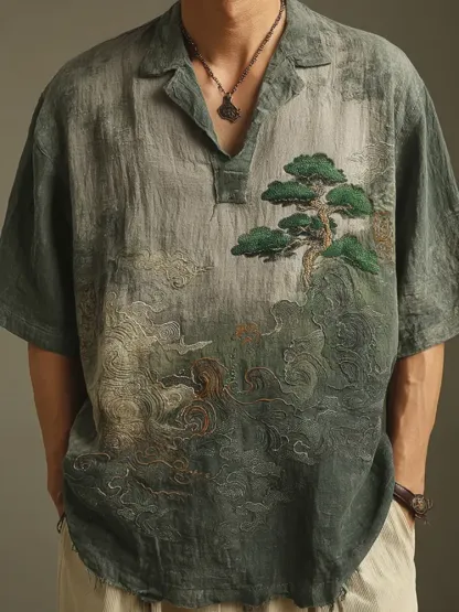 Men's Retro Landscape Embroidery Casual Lapel Short Sleeve Shirt - Grey