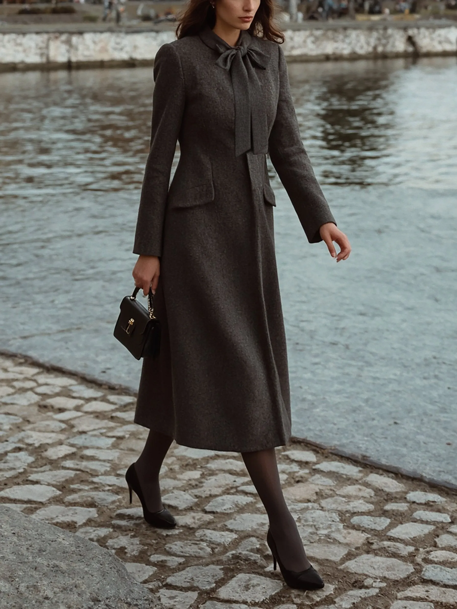 Wool Trench Coat, Long Sleeves, Plain, Pocket Design, Vintage, Deep Gray - Deep Gray