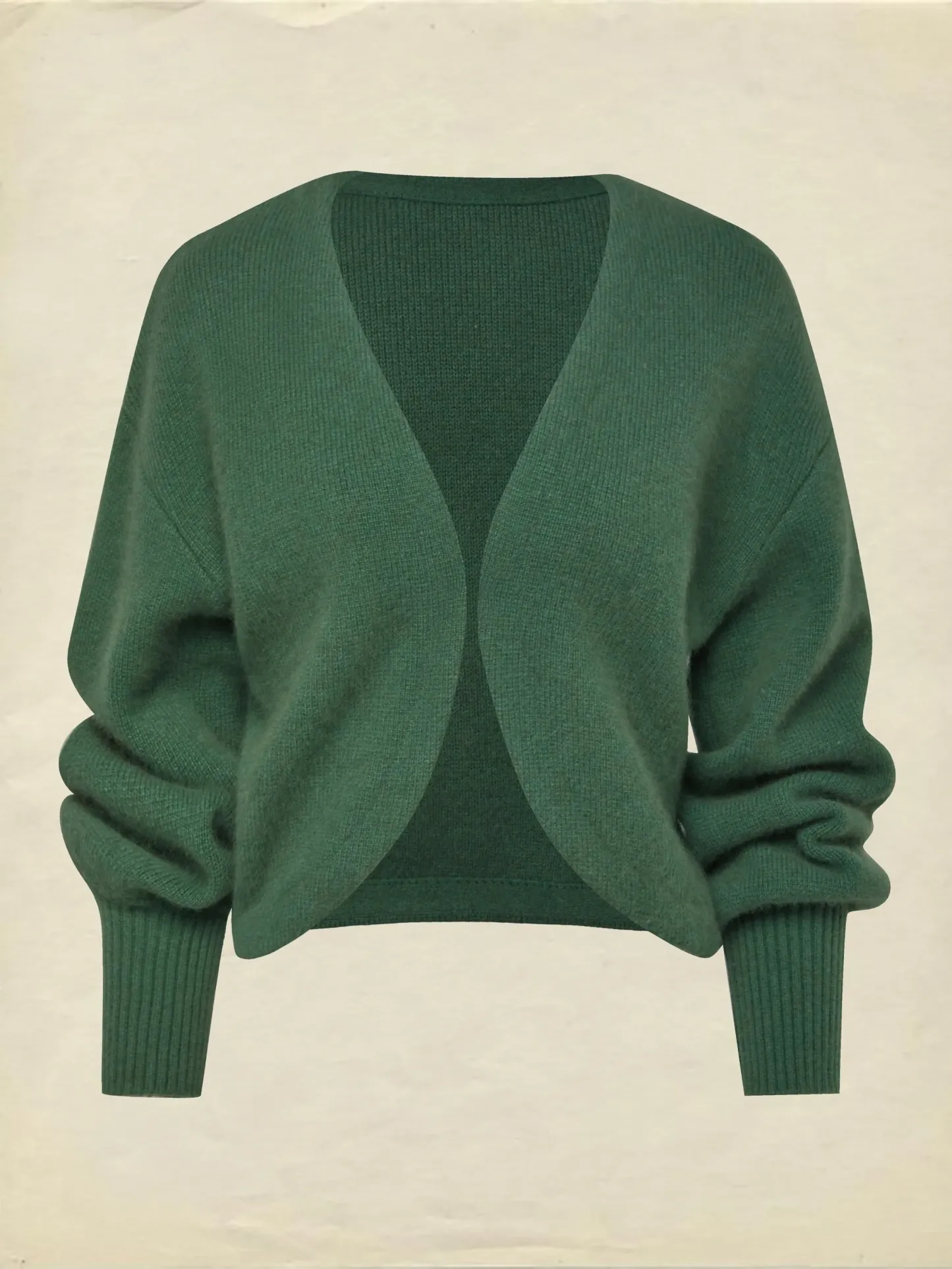 Wool Cardigan, Long Sleeves, Plain, Vintage, Green - Green