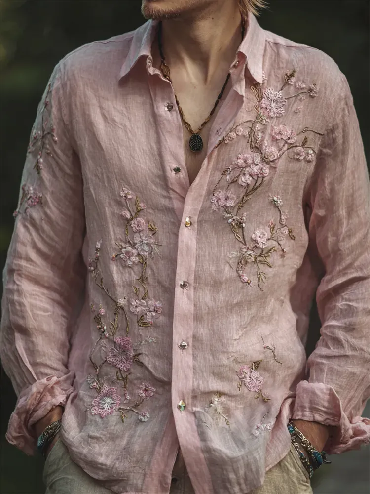 Men's Vintage Pink Cherry Blossom Embroidered Linen Shirt - Pink