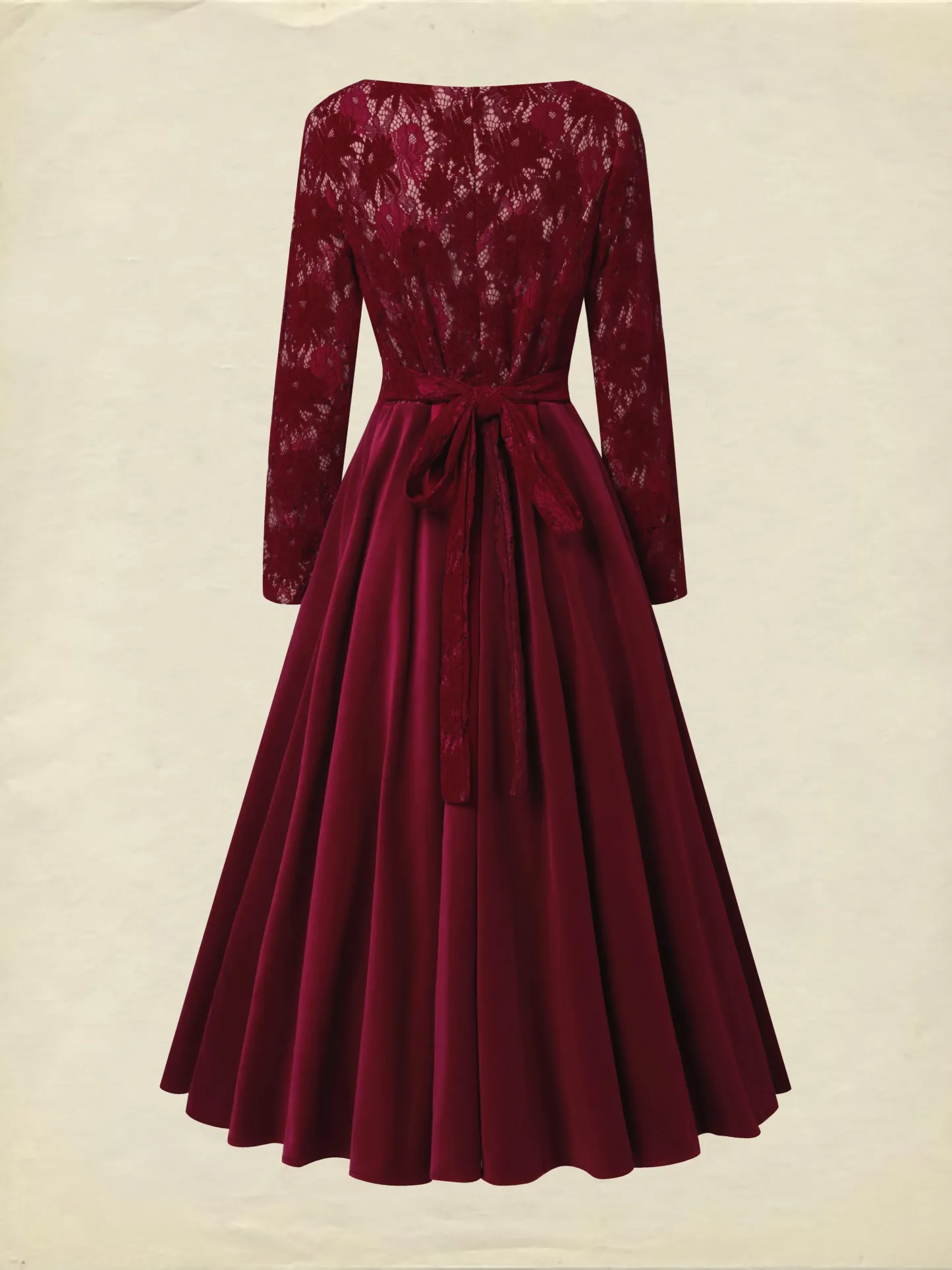 Midi Cotton Dress, Long Sleeves, Round Neck, Floral, Lace, Vintage, Red - Red