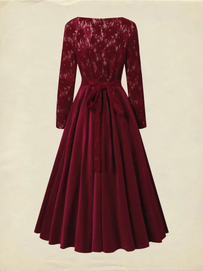 Midi Cotton Dress, Long Sleeves, Round Neck, Floral, Lace, Vintage, Red - Red