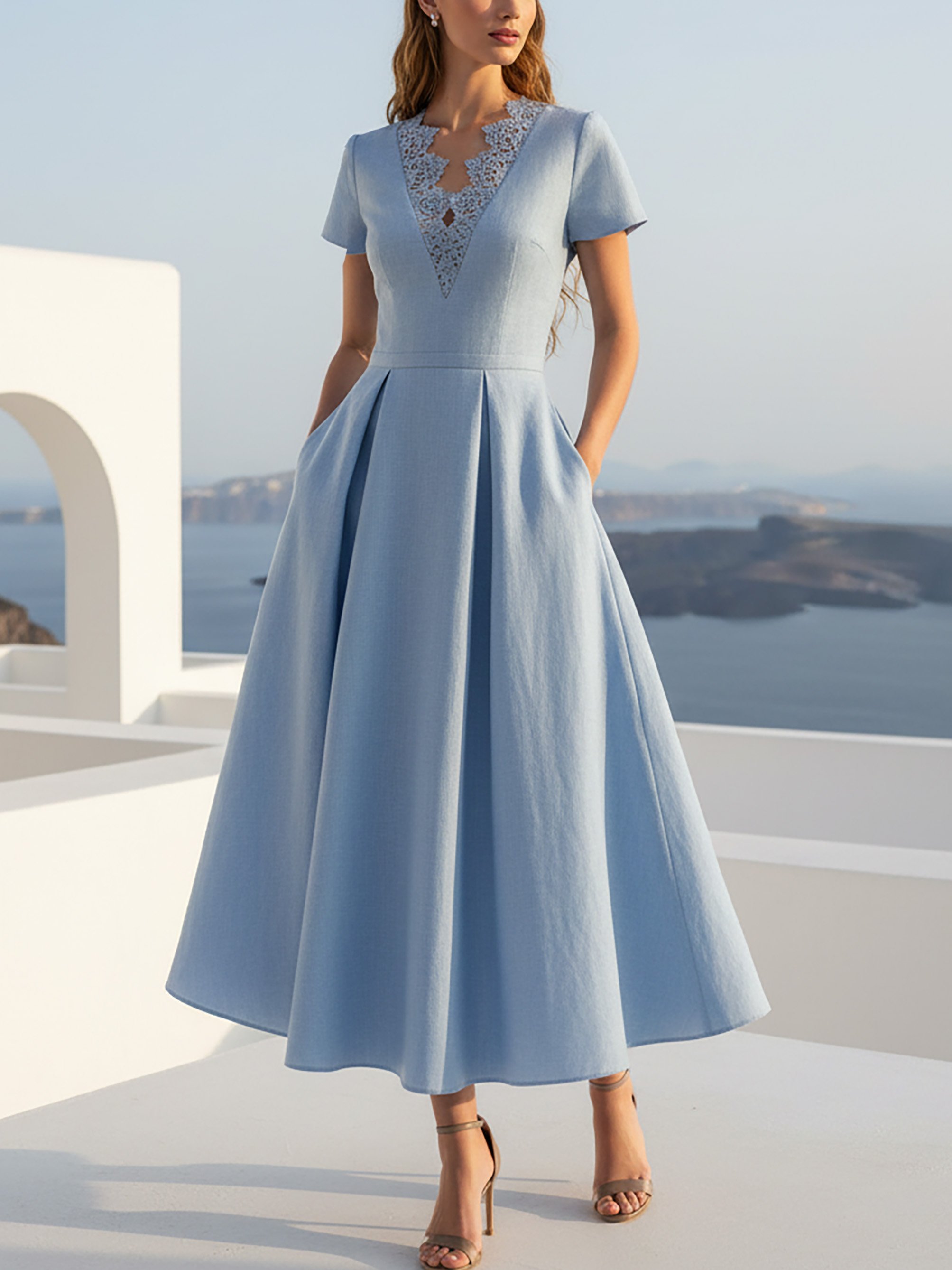 Maxi Linen Dress, Short Sleeves, V Neck, Plain, Lace, Vintage, Blue - Blue