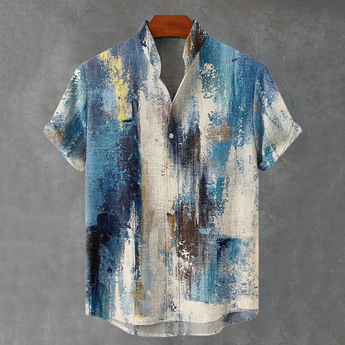 Men's Vintage Abstract Geometric Oil Painting Gradient Art Short Sleeve Shirt - Blue