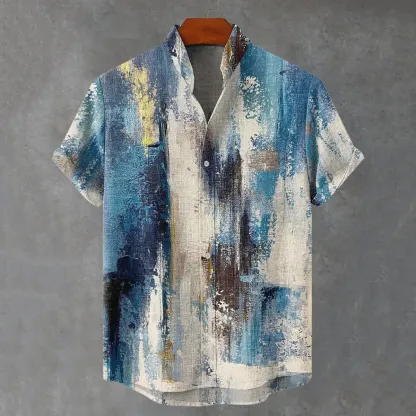 Men's Vintage Abstract Geometric Oil Painting Gradient Art Short Sleeve Shirt - Blue