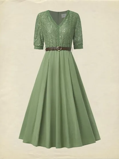 Midi Linen Dress , Half Sleeve, V Neck, Plain, Lace, Vintage, Army Green - Army Green