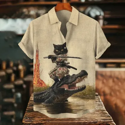 Men's Crocodile And Cat Samurai Print Short Sleeve Shirt - Beige