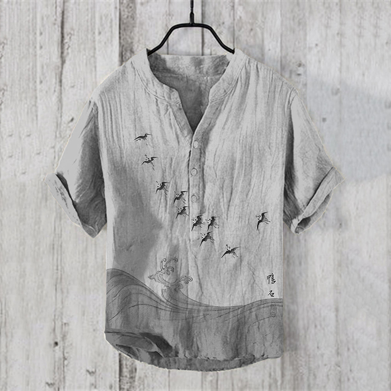 Men'sVintage Japanese Birds Waves Art Prints Linen Blend Shirt - Beige