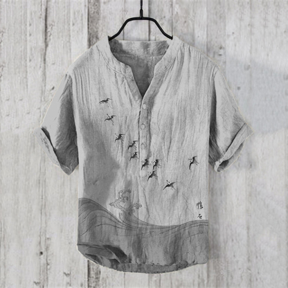 Men'sVintage Japanese Birds Waves Art Prints Linen Blend Shirt - Beige