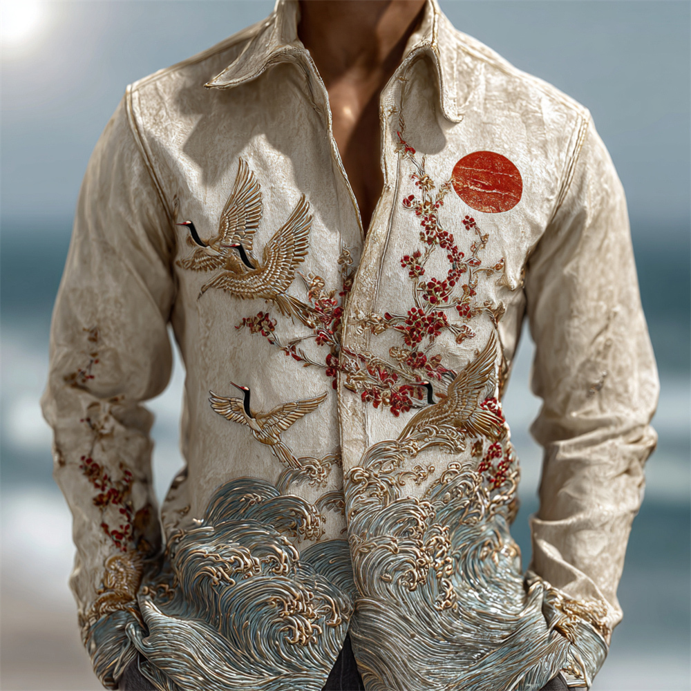 Vintage Japanese Crane & Flower Embroidery Men's Long Sleeve Shirt - Beige
