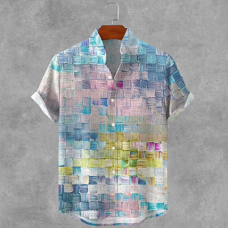 Men's Retro Oil Painting Plaid Art Print Cotton And Linen Shirt - Multicolor