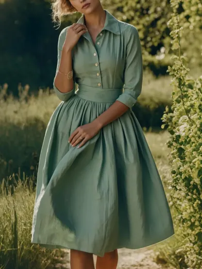 Midi Linen Dress, Half Sleeve,  Linen Blend, Plain, Renaissance, Green - Green