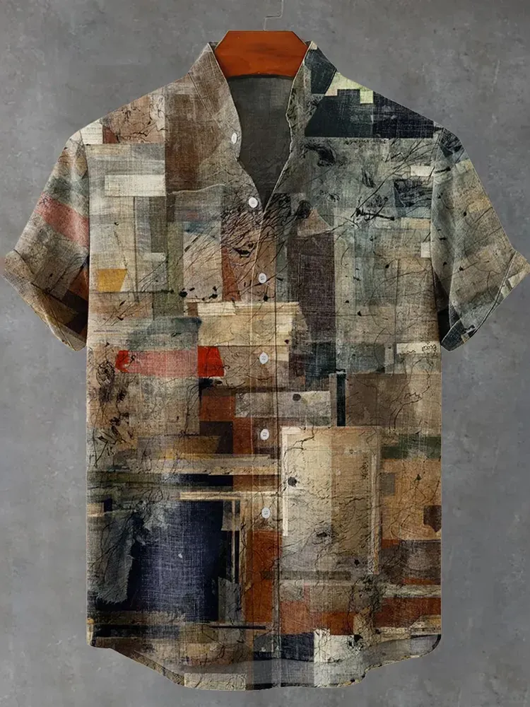 Men's Retro Distressed Texture Art Print Cotton And Linen Shirt - Multicolor
