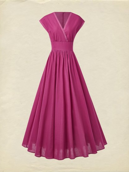 Maxi Linen Dress , Cap Sleeves, V Neck, Plain, Lace, Vintage, Rose Red - Rose Red
