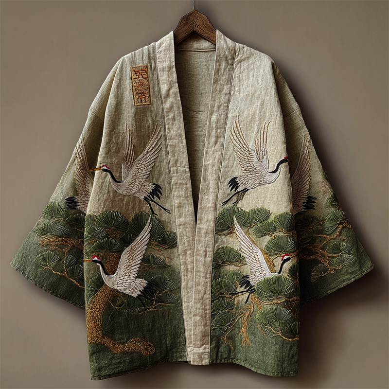 Japanese Cranes & Pine Trees Embroidered Linen Kimono Cardigan - Gray beige