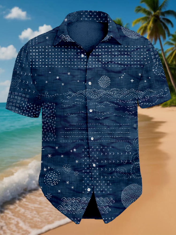 Men's Japanese Traditional Sashiko Art Beach Linen Shirt - Black