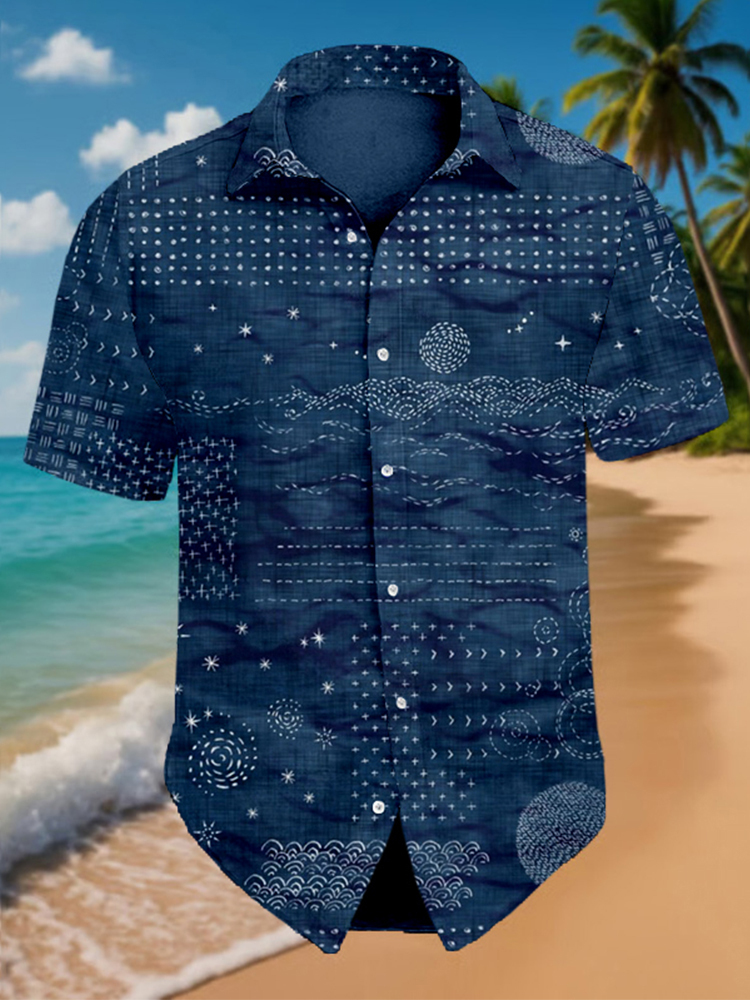 Men's Japanese Traditional Sashiko Art Beach Linen Shirt - Black