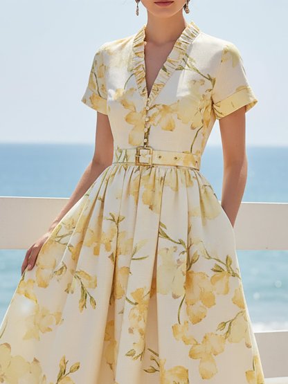 Midi Linen Dress, Short Sleeves, V Neck, Floral, Belt Design, Vintage, Yellow - Yellow