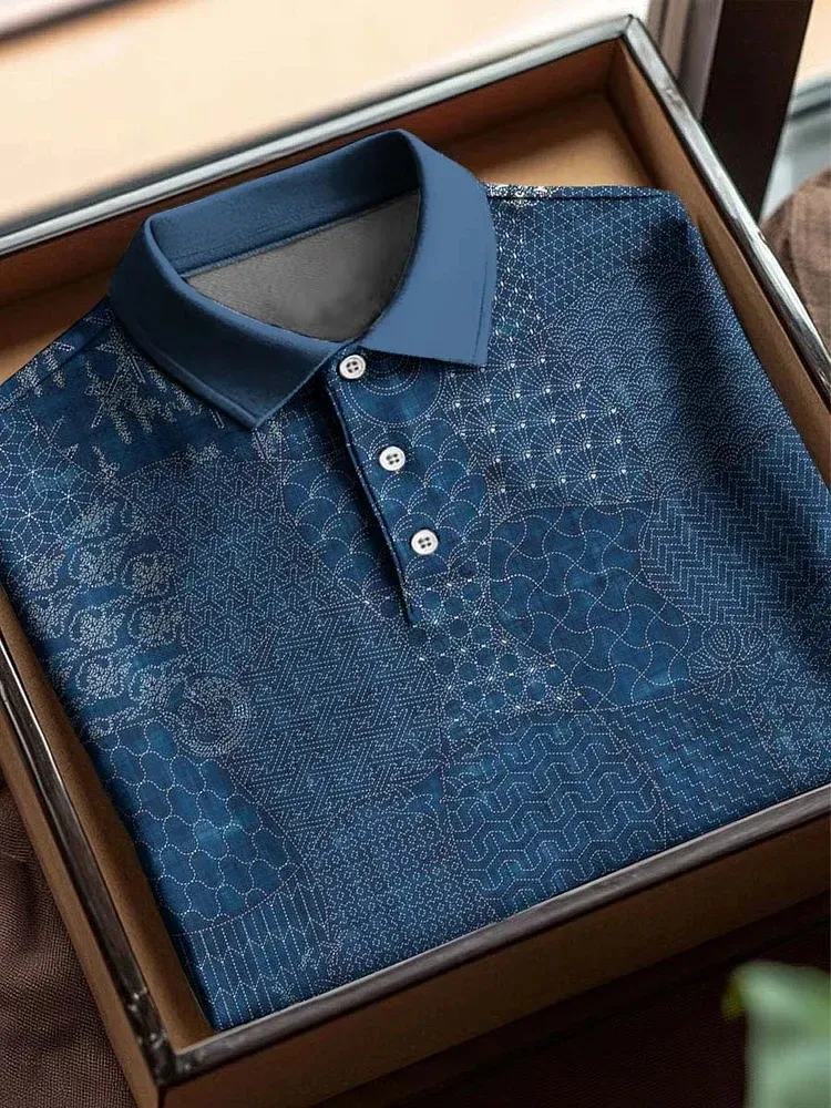 Men's Vintage Traditional Japanese Sashiko Art Polo Shirt - Navy blue