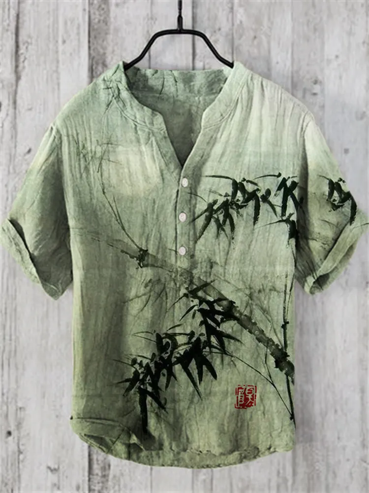Bamboo Forest Full Moon Night Japanese Art Linen Blend Shirt - Green