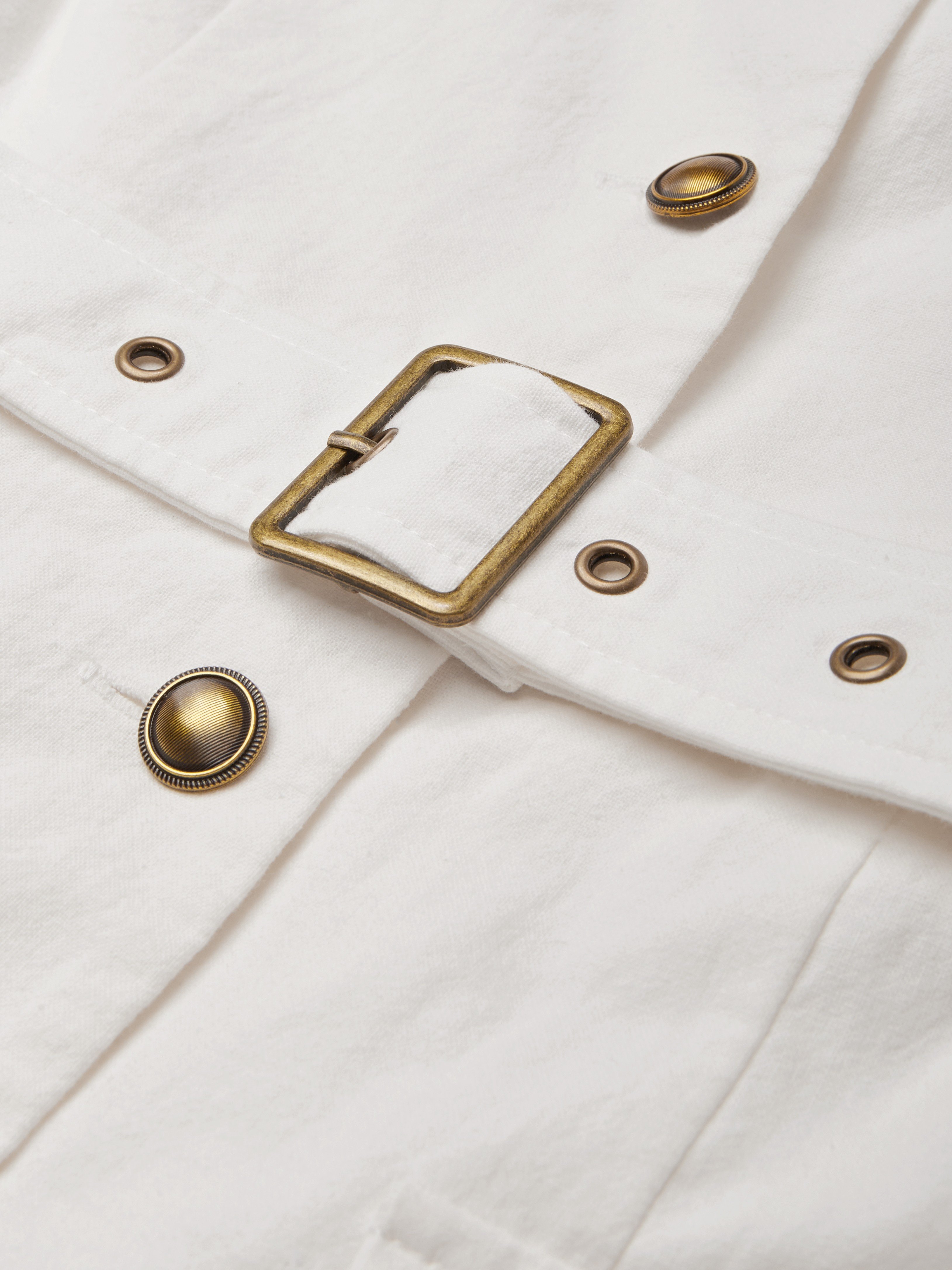 Midi Linen Dress, Short Sleeves, Shawl Collar, Plain, Button Design, French Vintage, White - White