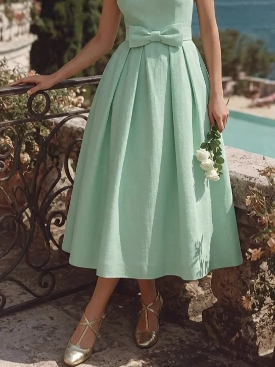 Midi Cotton Dress, Sleeveless, Round Neck, Plain, Bow, French Vintage, mint - mint