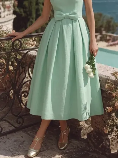 Midi Cotton Dress, Sleeveless, Round Neck, Plain, Bow, French Vintage, mint - mint