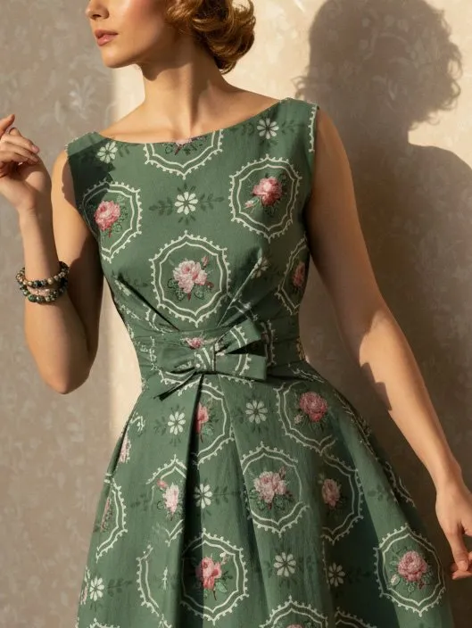 Midi Linen Dress, Sleeveless, Round Neck, Floral, Bow, Vintage, Green - Green