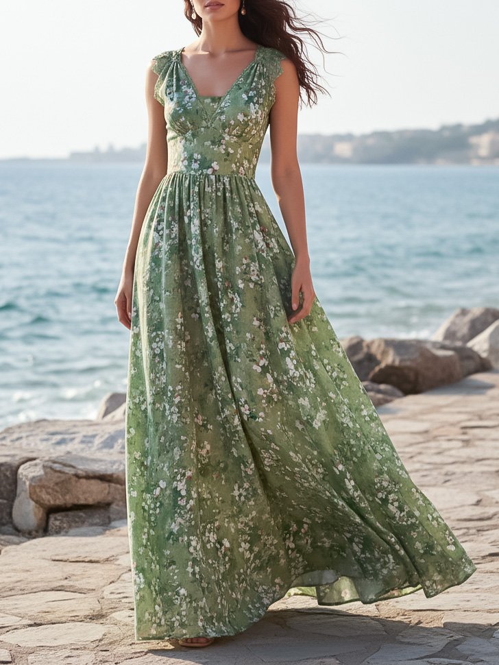 Maxi Linen Dress, Sleeveless, V Neck, Floral, Lace, Vacation, Vintage, Green - Green