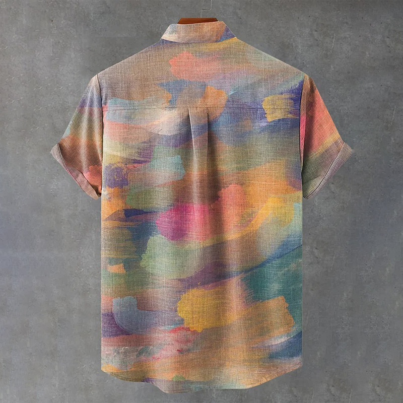 Vintage Gradient Oil Painting Art Print Casual Cotton Shirt - Pink