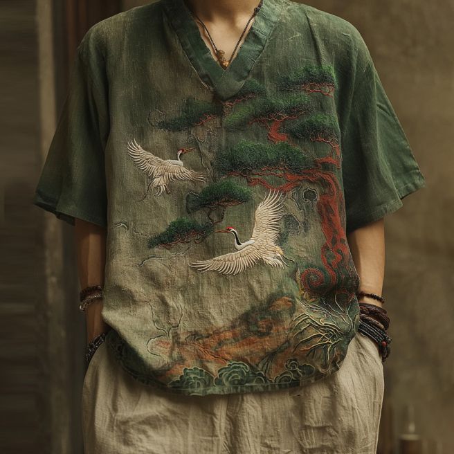 Men's Japanese Cranes & Pine Tree Embroidery Casual V Neck Shirt - Green