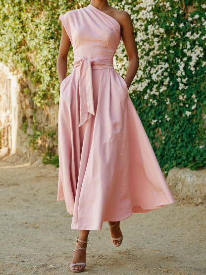 Maxi Cotton Dress , Sleeveless, One shoulder, Plain, Belt Design, Vintage, Light Pink - Light Pink