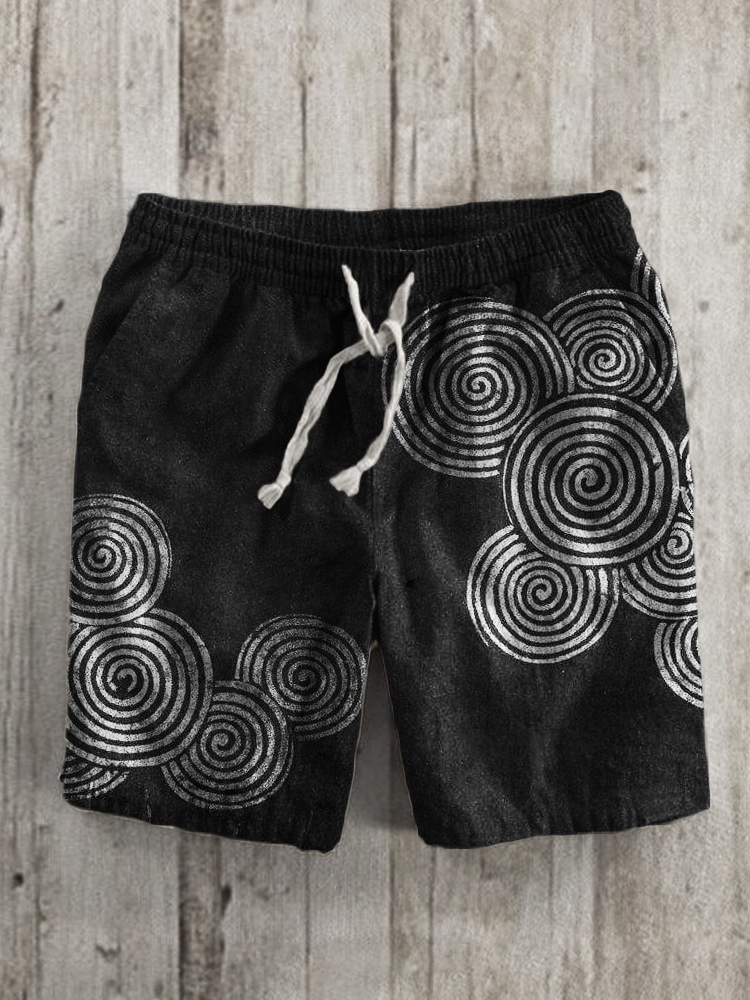 Sea Waves Ripples Japanese Lino Art Linen Blend Shorts - Black