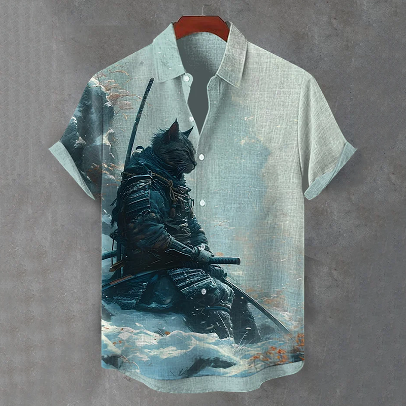 Men's Japanese Cat Samurai Art Casual Short Sleeve Shirts - Blue