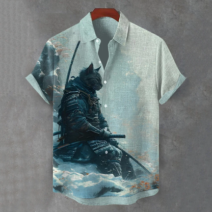 Men's Japanese Cat Samurai Art Casual Short Sleeve Shirts - Blue