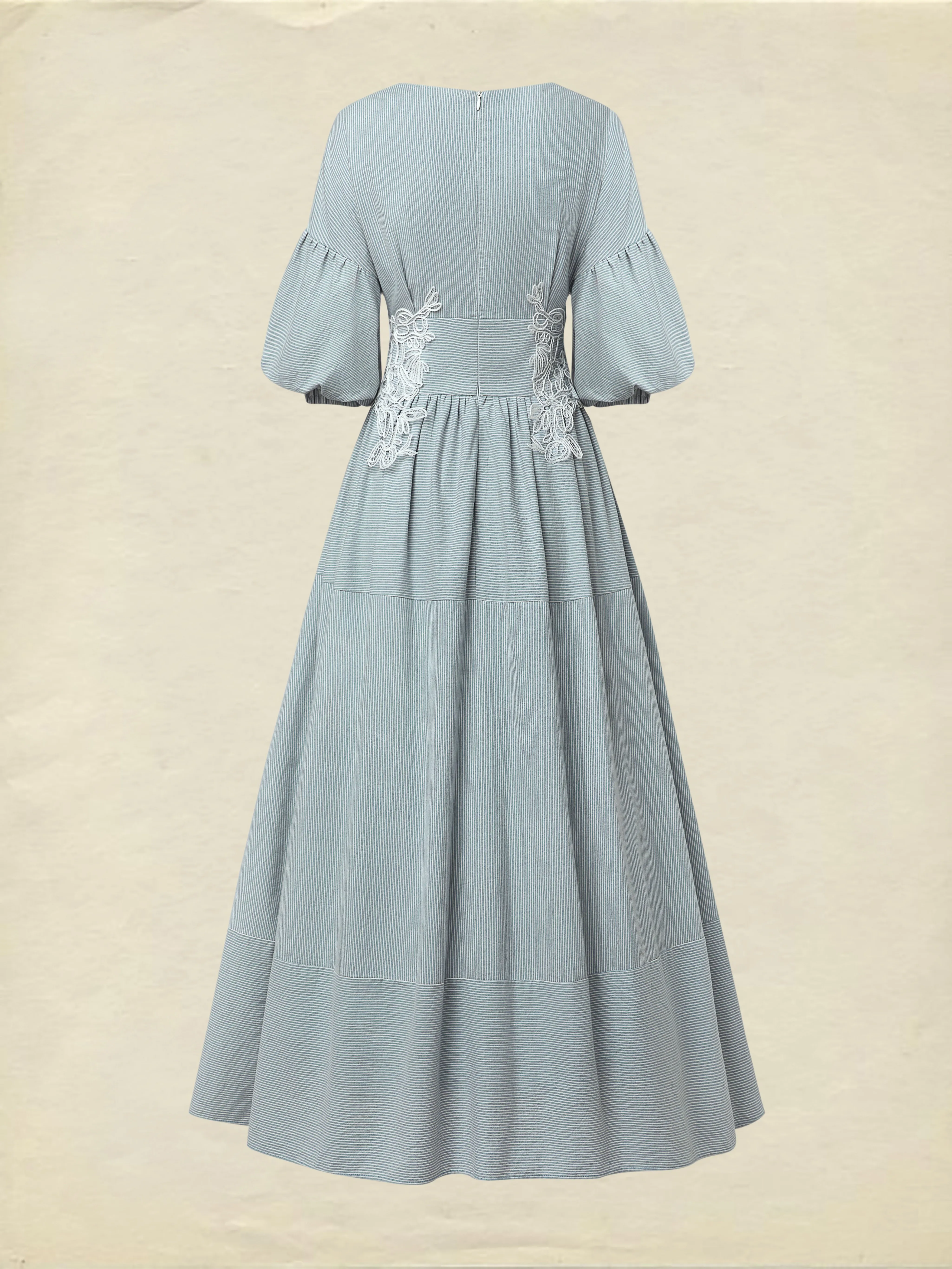 Maxi Cotton Dress, Half Sleeve, V Neck, Plaid, Lace, Vintage, Blue - Blue