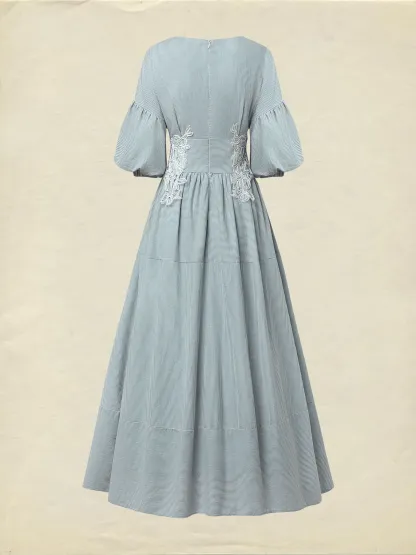 Maxi Cotton Dress, Half Sleeve, V Neck, Plaid, Lace, Vintage, Blue - Blue