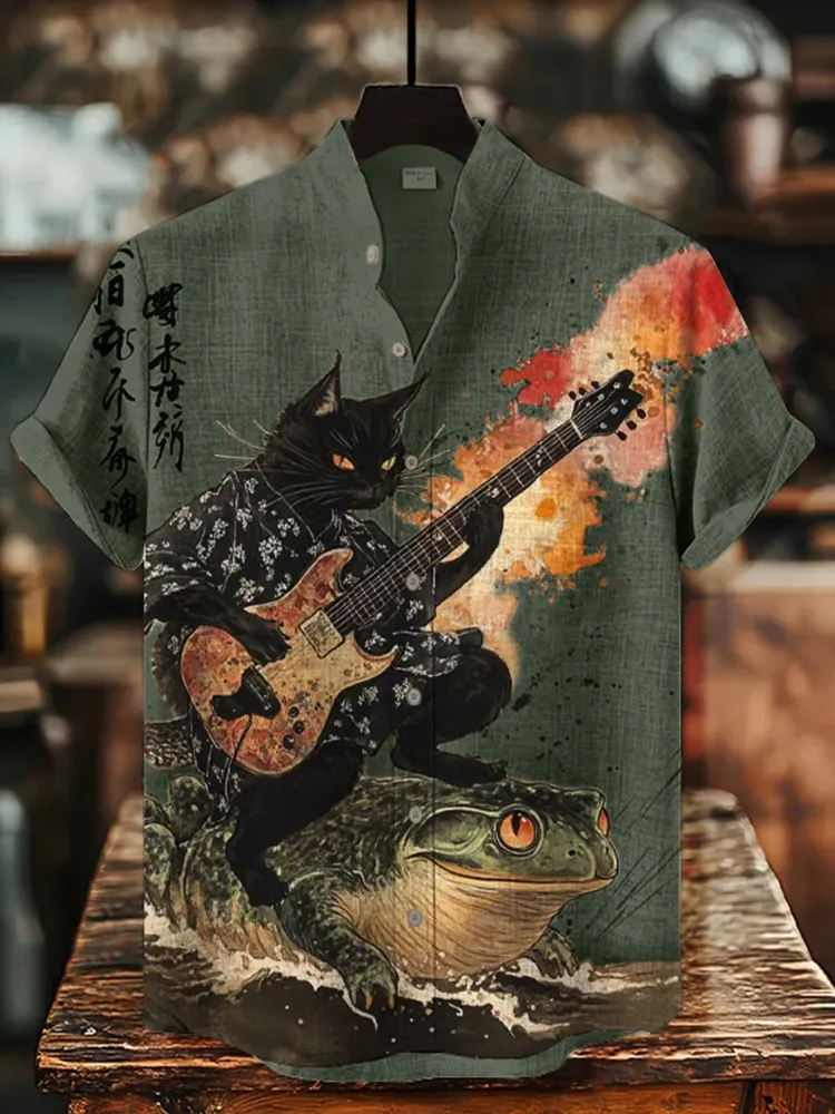 Men's Black Cat Riding On Toad Playing Guitar Print Short Sleeve Shirt - Beige