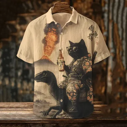 Men's Samurai Black Cat Drinking In Front Of The Volcano Print Short Sleeve Shirt - Beige