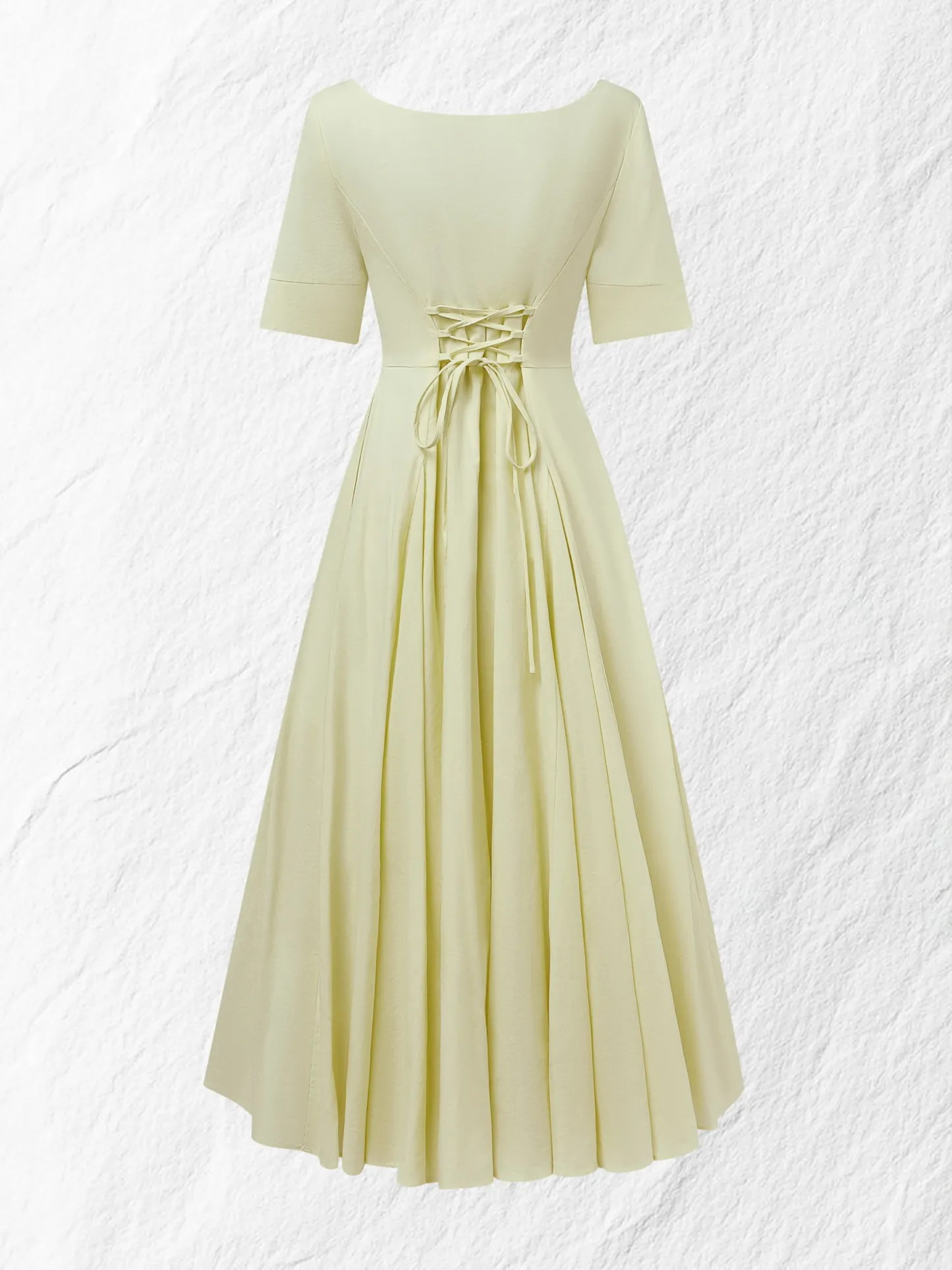 Maxi Linen Dress , Short Sleeves, Square Neck, Plain, Vacation, French Vintage, Light Yellow - Light Yellow