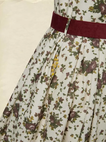 Midi Linen Dress, Long Sleeves, Shawl Collar, Floral, Belt Design, Vintage, Apricot - Apricot